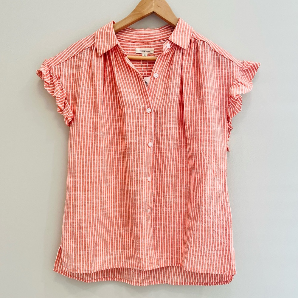 Max Studio orange and white striped button down shirt with ruffle sleeves size S